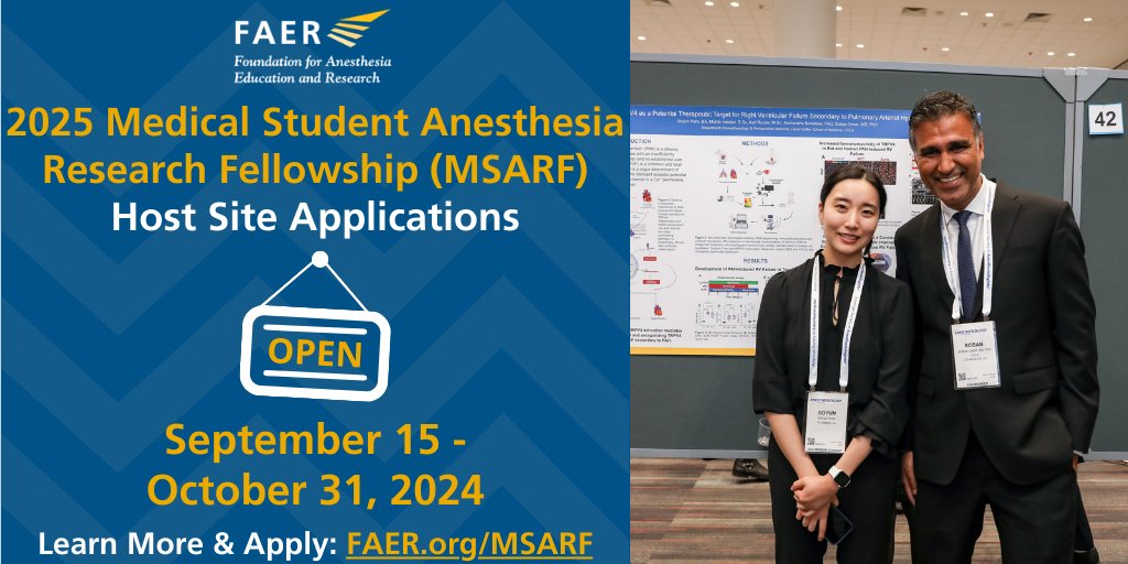 FAER (@faeranesthesia) on Twitter photo Host site applications for the 2025 MSARF program are OPEN now through 10/31/2024!
Apply at FAER.org/MSARF to host a student for 8 weeks of dedicated #anesthesia #research over summer 2025, culminating in student poster presentations at #ANES25!
#FAERmsarf <a href="/drchadb/">Chad M Brummett</a> Host site applications for the 2025 MSARF program are OPEN now through 10/31/2024!
Apply at FAER.org/MSARF to host a student for 8 weeks of dedicated #anesthesia #research over summer 2025, culminating in student poster presentations at #ANES25!
#FAERmsarf <a href="/drchadb/">Chad M Brummett</a>
