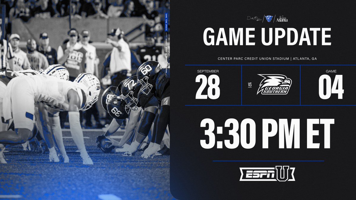 Game Update ‼️

🆚: Georgia Southern
🗓️: Saturday, September 28
🕞: 3:30 PM ET
📡: ESPNU / WRAS-FM 88.5
📍: Center Parc Credit Union Stadium

🎟️ General: GeorgiaStateSports.com/TIX
🎟️ Student (FREE): bit.ly/3MMjc21

#LightItBlue | #NewAtlanta