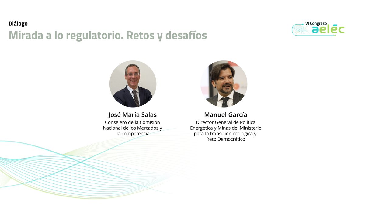 La #TransiciónEnergética requiere cambios en generación, distribución y consumo para descarbonizar la economía. En el #VICongresoAelec <a href="/Pep_Salas/">Pep_Salas</a> (<a href="/CNMC/">CNMC</a>) y Manuel García (<a href="/miteco/">朝倉 絢</a>) debatirán sobre los avances regulatorios que conllevan moderados por nuestra directora de