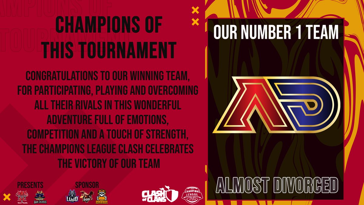 Comunidad Dark Soldiers (@c_darksoldiers) on Twitter photo Congratulations, the Dark Soldiers organization congratulates and celebrates the victory of our champion of our Champions League Clash tournament.
Congratulations to the team <a href="/adivorcedcoc/">Almost Divorced</a> for successfully passing all rounds. Congratulations, the Dark Soldiers organization congratulates and celebrates the victory of our champion of our Champions League Clash tournament.
Congratulations to the team <a href="/adivorcedcoc/">Almost Divorced</a> for successfully passing all rounds.
