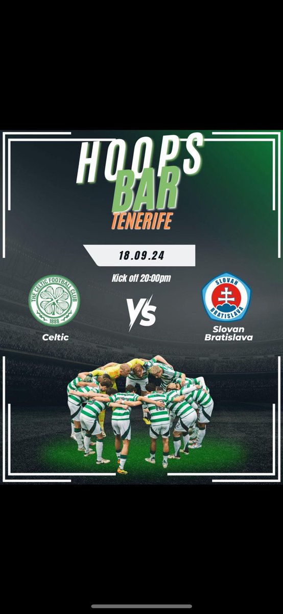 Hoops bar Tenerife 
The place to be on Wednesday night as Celtic begin this new format European champions league adventure 
Live on 14 screens with beer bucket specials 
Be early for a seat and enjoy the atmosphere HH 🍀💚