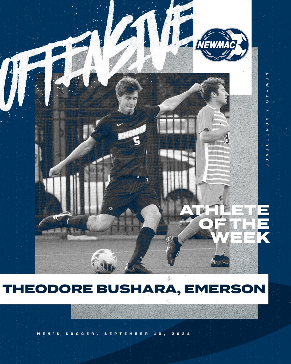 NEWMAC (@newmacsports) on Twitter photo MEN'S SOCCER ⚽
OFFENSIVE ATHLETE OF THE WEEK
<a href="/EmersonLions/">Emerson Athletics</a> Theodore Bushara netted a pair of goals and added an assist to help Emerson post a 1-0-1 record on the week.
#GoNEWMAC // #WhyD3 MEN'S SOCCER ⚽
OFFENSIVE ATHLETE OF THE WEEK
<a href="/EmersonLions/">Emerson Athletics</a> Theodore Bushara netted a pair of goals and added an assist to help Emerson post a 1-0-1 record on the week.
#GoNEWMAC // #WhyD3