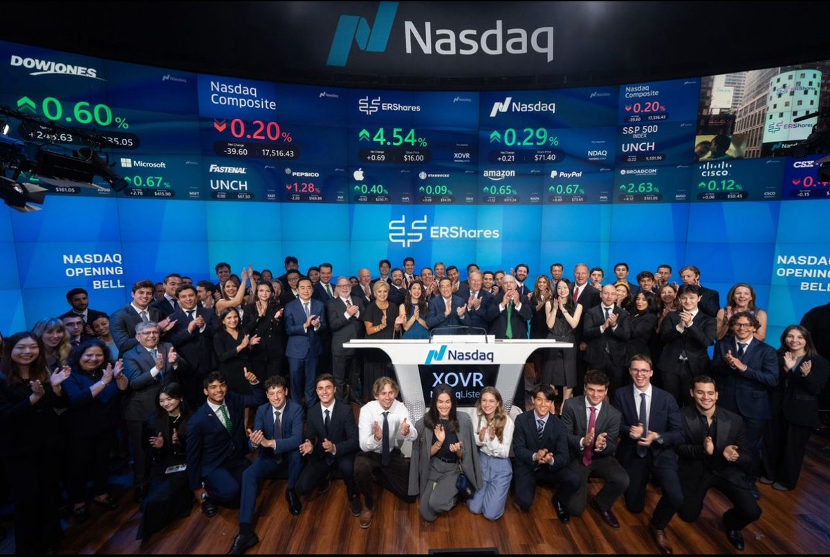 ERShares's tweet photo. On August 30th, @ERShares rang the Opening Bell at Nasdaq announcing the FIRST EVER, Private-Public Crossover ETF with ticker symbol $XOVR. XOVR is designed to include Private Equity Securities. @babson, as the leader in Entrepreneurial education, joined in the celebration. https://t.co/k40JOrQwzw