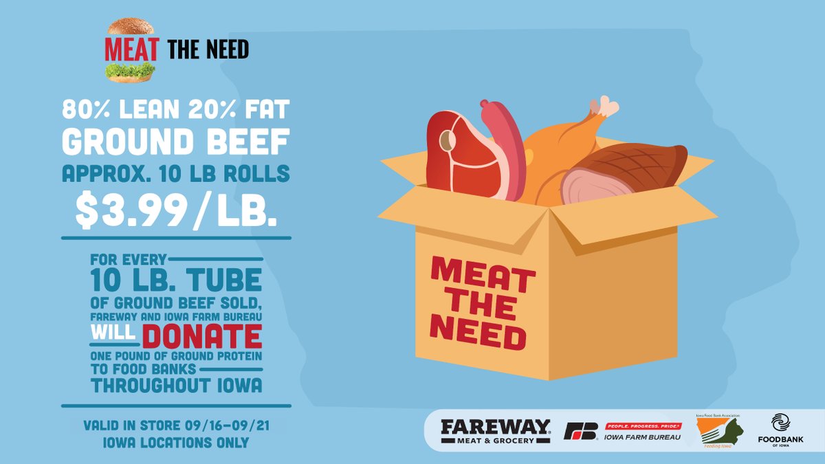 You can help Iowa food banks "meat" their need for high-quality protein when you shop at <a href="/Fareway_Stores/">Fareway Stores</a> this week! 🛒

For every 10-pound tube of ground beef sold, Fareway and Iowa Farm Bureau will donate one pound of ground protein to food banks throughout Iowa.

*Valid at Iowa