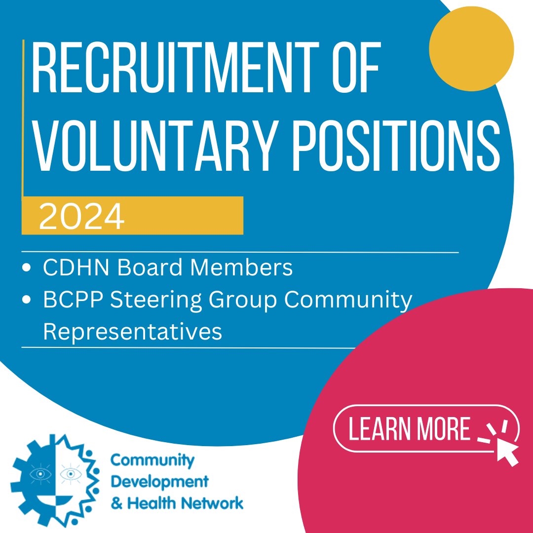 Do you have a passion for community development &amp; are committed to supporting communities to improve health &amp; wellbeing and tackle health inequalities?  We're seeking board members &amp; community reps for our BCPP steering group. Closing: 08 Oct
Find out more cdhn.org/recruitment