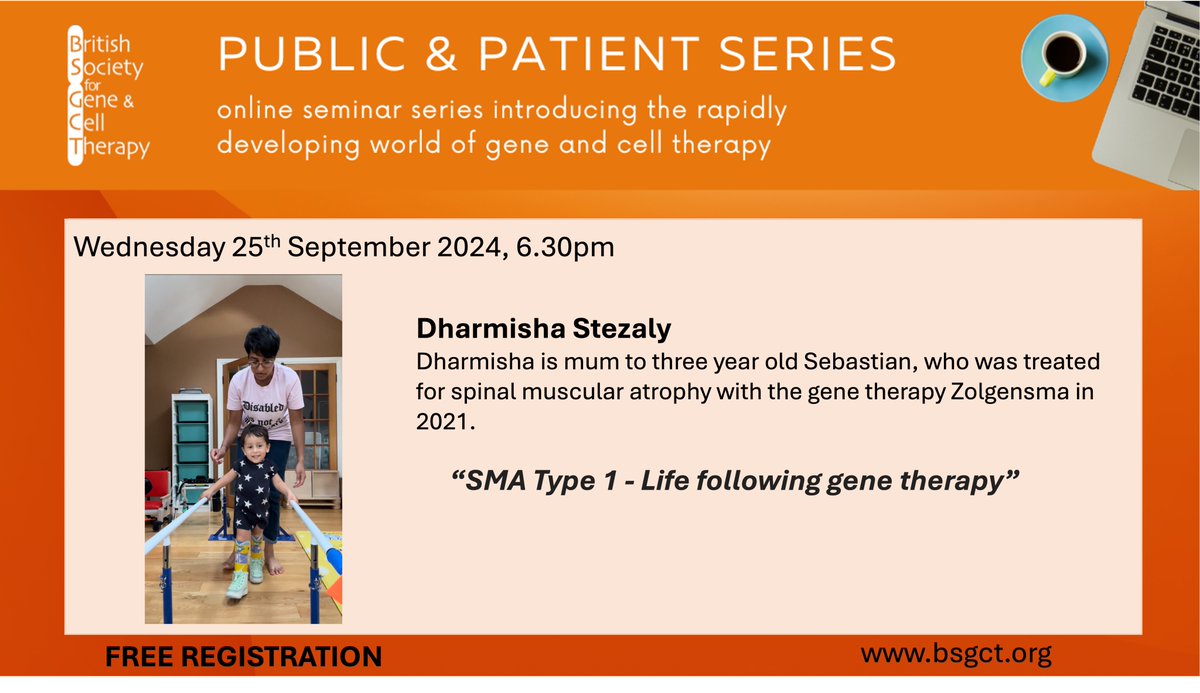 Raj Karda (@dr_rkarda) on Twitter photo Our next speaker for <a href="/_BSGCT/">BSGCT</a> PPE series (Wed 25th Sept) is the amazing Dharmisha Stezaly. Mother to 3-year old Sebastian who was treated with Zolgensma for SMA 🧬
Free registration; forms.gle/eew8pvpitiBBPV…
<a href="/ESGCT/">ESGCT</a> <a href="/ASGCTherapy/">ASGCT</a> <a href="/lifearc1/">LifeArc</a> <a href="/The_MRC/">Medical Research Council</a> <a href="/GOSHCharity/">Great Ormond Street Hospital Charity</a> Our next speaker for <a href="/_BSGCT/">BSGCT</a> PPE series (Wed 25th Sept) is the amazing Dharmisha Stezaly. Mother to 3-year old Sebastian who was treated with Zolgensma for SMA 🧬
Free registration; forms.gle/eew8pvpitiBBPV…
<a href="/ESGCT/">ESGCT</a> <a href="/ASGCTherapy/">ASGCT</a> <a href="/lifearc1/">LifeArc</a> <a href="/The_MRC/">Medical Research Council</a> <a href="/GOSHCharity/">Great Ormond Street Hospital Charity</a>