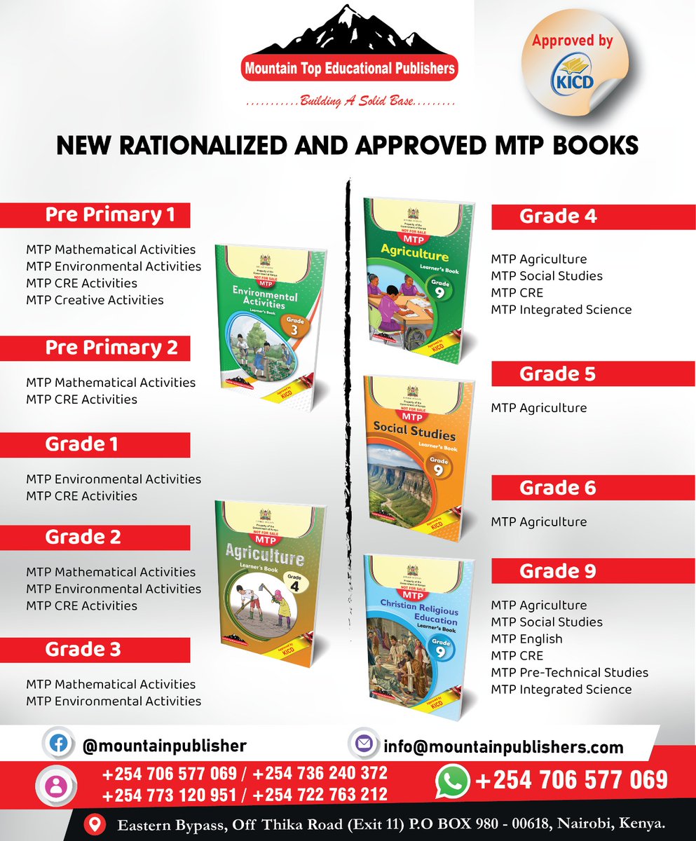 Exciting New Book Releases from Mountain Top!
We are excited to introduce an exceptional collection of new titles that are rationalized, revised and approved by KICD. We have titles from Pre-primary 1&amp;2, Grade 1,2,3,4,5,6 and Grade 9. To learn more about each title or to request