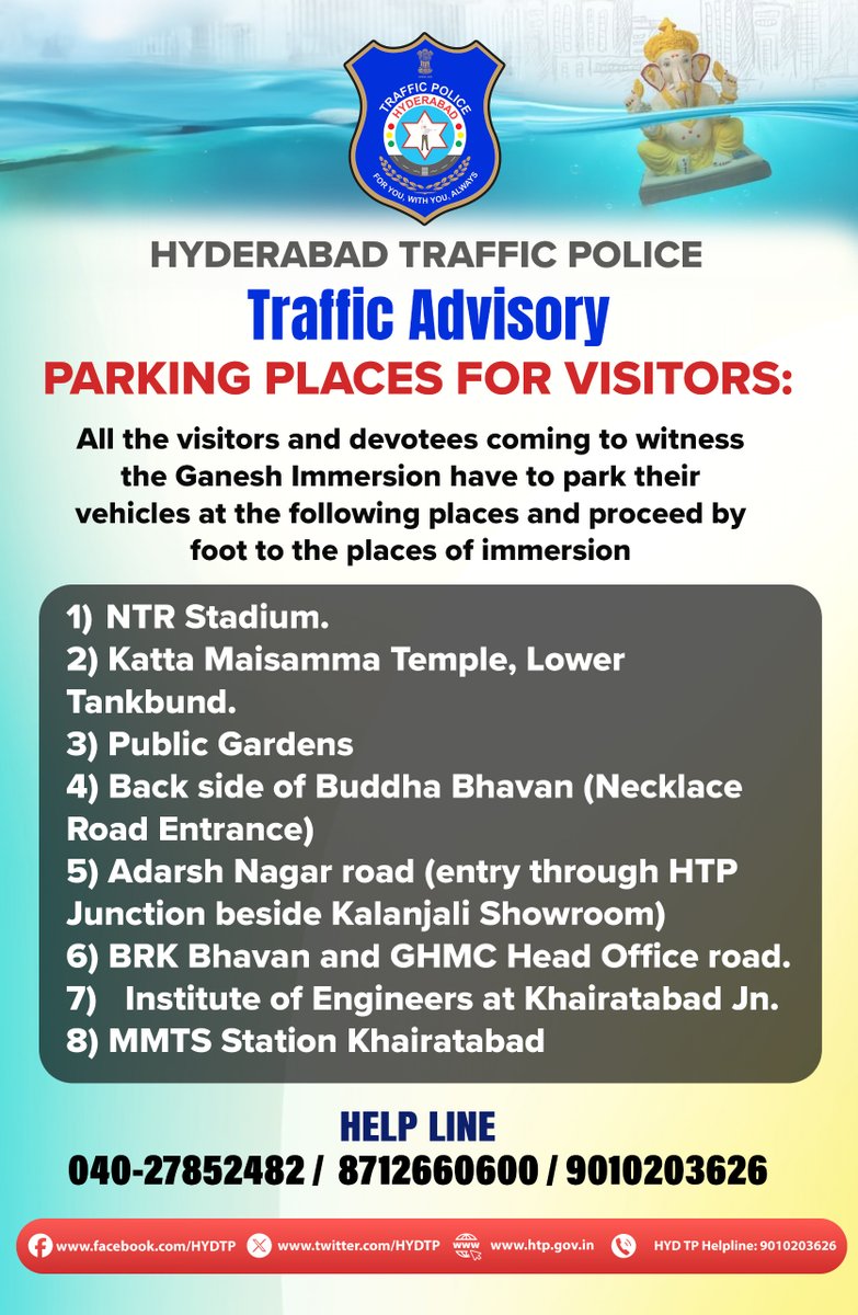 #HYDTPinfo #TrafficAlert #TrafficAdvisory
🔔N O T I F I C A T I O N📣
Commuters &amp; Devotees are requested to note the #TrafficRestrictions in view of #GaneshImmersion procession from 17-09-2024 at 0600 hrs to 18-09-2024 till #Nimajjanam.
#GaneshNimajjanam #GaneshImmersion2024