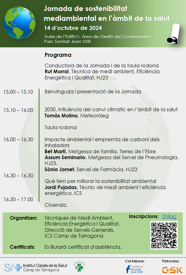 Atenció Primària ICS Camp de Tarragona (@apicstgn) on Twitter photo 🌍🌿#Bondia Jornada de Sostenibilitat Mediambiental en Salut el 14 d'octubre al Parc Sanitari de l'<a href="/hjoan23/">Hospital Universitari Joan XXIII</a> de #Tarragona.
Experts destacats compartiran els seus coneixements sobre medi ambient i salut.
#Sostenibilitat #Salut #CanviClimàtic #MobilityWeek #Mobilitat2024 💚 🌍🌿#Bondia Jornada de Sostenibilitat Mediambiental en Salut el 14 d'octubre al Parc Sanitari de l'<a href="/hjoan23/">Hospital Universitari Joan XXIII</a> de #Tarragona.
Experts destacats compartiran els seus coneixements sobre medi ambient i salut.
#Sostenibilitat #Salut #CanviClimàtic #MobilityWeek #Mobilitat2024 💚