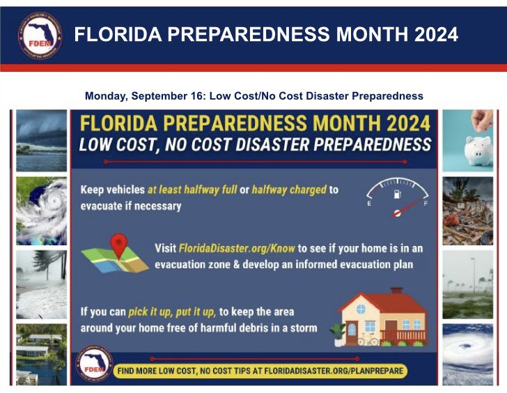 Disaster Preparedness doesn’t have to be costly.  Stay prepared by keeping yard free of debris, gas tank halfway full, learning if home is in a flood zone. Learn more FloridaDisaster.org/HalfwayFull 

#SocialAction #Prepare 🌀 #SGRho
#FLCapitalSGRhos #MoreMeaningfulService 💙🐩💛