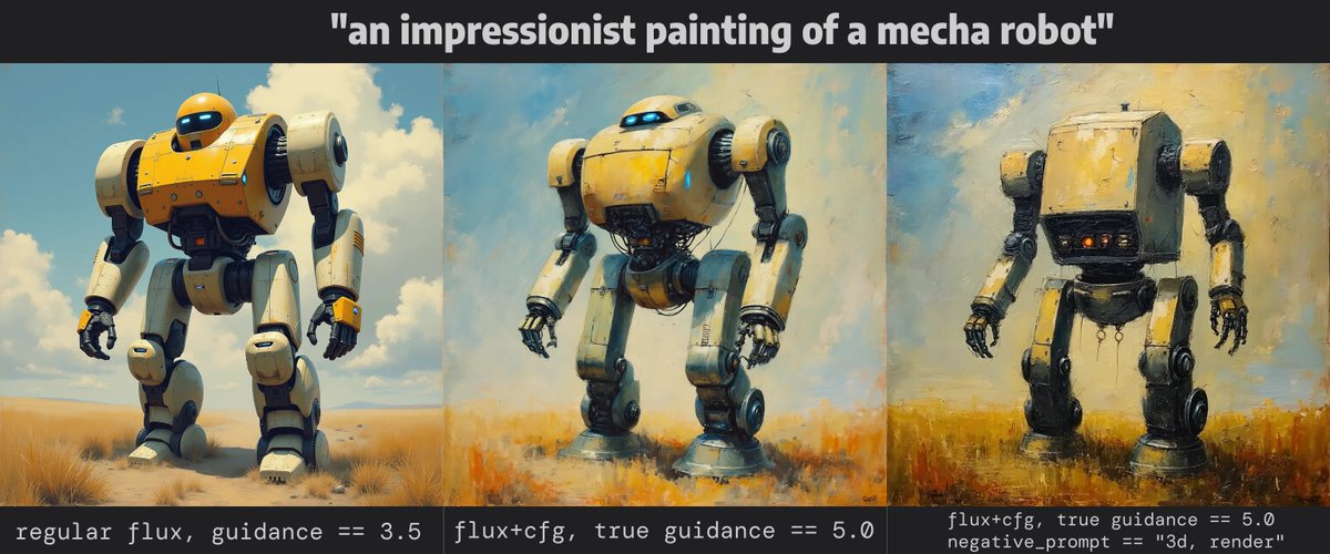 multimodalart's tweet image. Adding true CFG to FLUX [dev] gives it style superpowers! 🦸

You can now try a demo of flux with CFG on @huggingface! 

▶️ huggingface.co/spaces/multimo…