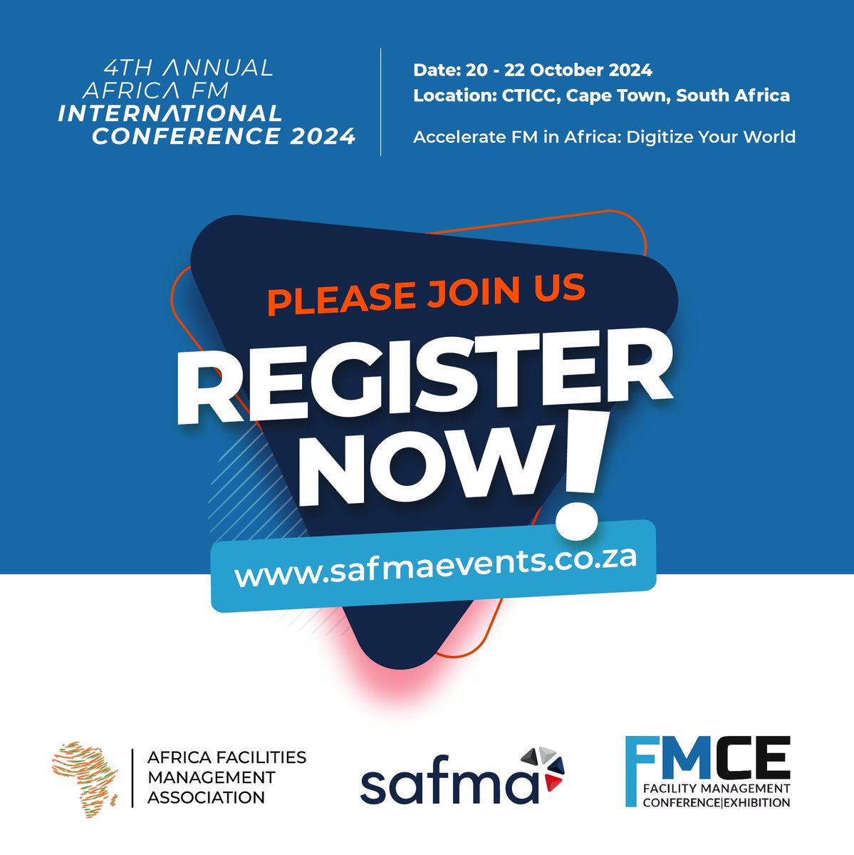 Digitize ur World &amp; Accelerate FM in Africa! 

Join #AfricaFM2024 in Cape Town by SAFMA. Explore latest trends in FM!
Date: 20-22 Oct 2024 (CICC) 
Theme:"Accelerate FM in Africa: Digitize Your World"
Register:code FMC01: safmaevents.co.za/registration/
#FacMan #BuiltEnviro. #SAFMA #FMCE