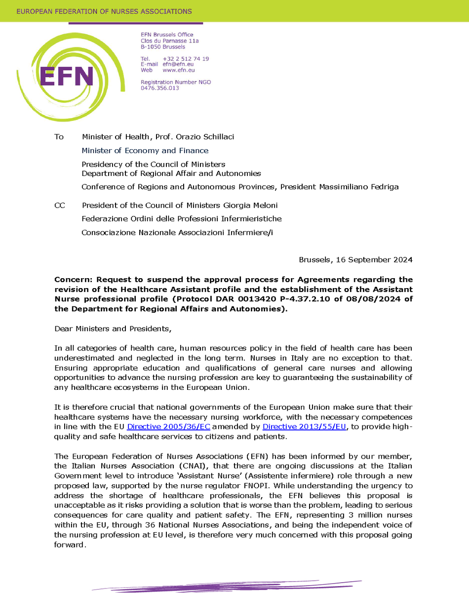 walterdecaro's tweet photo. 🚨 Urgent: EFN calls on Italian government to halt approval of "Assistant Nurse" role
❌ Threatens patient safety and care quality
❌ Non-compliant with EU 2013/55/EU
❌ Reducing education increases mortality
❌ Won't solve nurse shortage
3 million EU nurses oppose this move!
Sign our petition https://t.co/umgpa3gdGY
#NursesItaly #PatientSafety @EFNBrussels @efnnma @ICNurses @WHO_Europe @MinisteroSalute @regioni_it  @M_Fedriga @raffaeledonini @GiorgiaMeloni @ForzaItaliaGov @pdnetwork @FratellidItalia @RaffaeleFitto @WHO @GIMBE @FpCgilNazionale @nursingup_sind @noiFIALS @UILofficial #migep #confintesa @EU_Commision