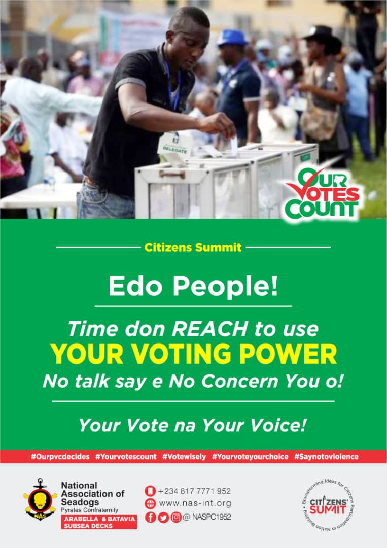 Edo State voters, the power to shape your future is in YOUR hands! This week's governorship election is YOUR chance to decide the leadership that you believe will drive progress in Edo. Make your voice heard. VOTE for the future you want to see.
#EdoDecides2024 
#OurVotesCount