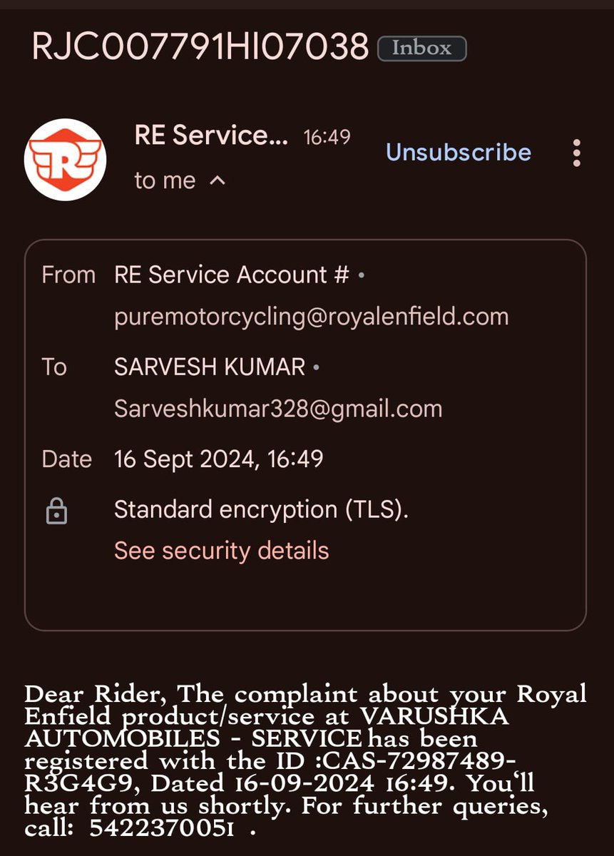 <a href="/royalenfield/">Royal Enfield</a> Received call from Varushka Automobile for just hearing only  Rati ratai bhasha 
Ye to warranty ke bahar hai 
Aap apna dekh lijiye