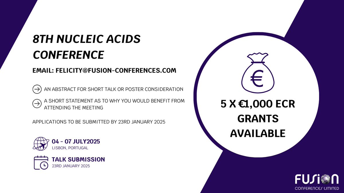 Fusion Conferences (@fusion_conf) on Twitter photo 🌟Exciting News!🌟
We're thrilled to announce that grants are available for the 8th Nucleic Acids Conference!
Whether you're a student, postdoc, or junior investigator, don't miss out on this fantastic opportunity. 🌟
📧 To apply, email Felicity at felicity@fusion-conference.com 🌟Exciting News!🌟
We're thrilled to announce that grants are available for the 8th Nucleic Acids Conference!
Whether you're a student, postdoc, or junior investigator, don't miss out on this fantastic opportunity. 🌟
📧 To apply, email Felicity at felicity@fusion-conference.com