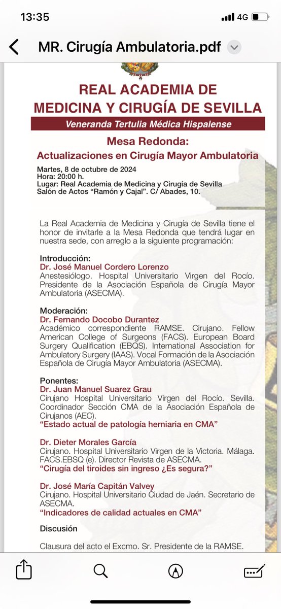 Continuamos con la difusión de la cma, esta vez en un lugar de prestigio como la Real@academia de medicina de Sevilla