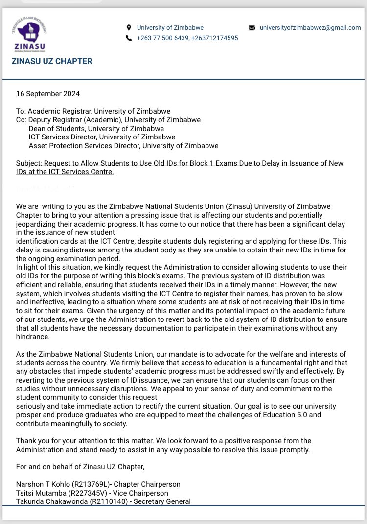 Crisis hits the University of Zimbabwe as some students were not able to sit for the exams which commenced today. 

The ICT Centre which is responsible for issuing student IDs has failed to do so on time. 

We call upon the the University to allow students to use old IDs