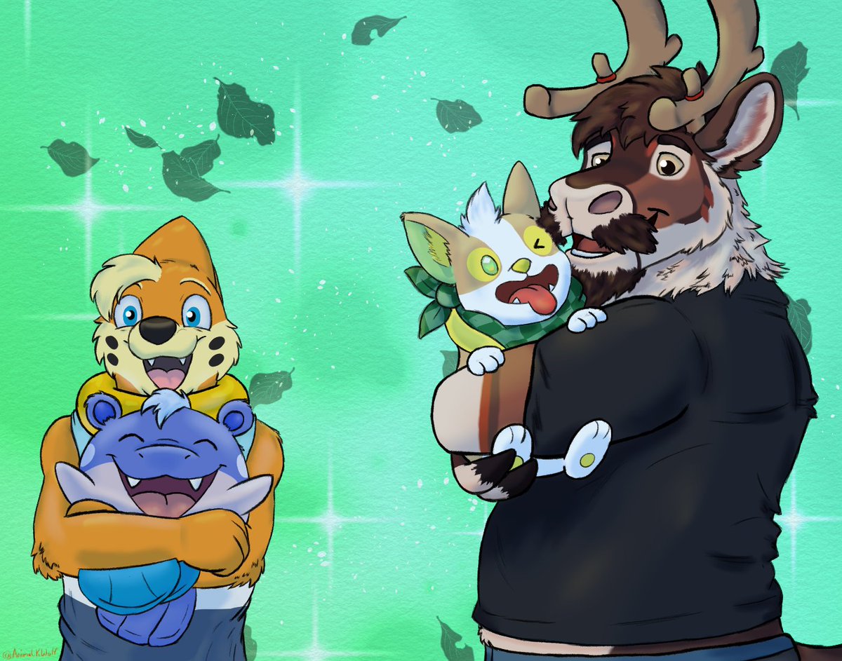 Two friends holding some of their favorite pokemon!

<a href="/cariboops/">Cariboops</a> hanging on to an adorable yamper, while I am holding my little, round Spheal friend, Phinn!

Both pokemon are quite huggable!

Art by me!