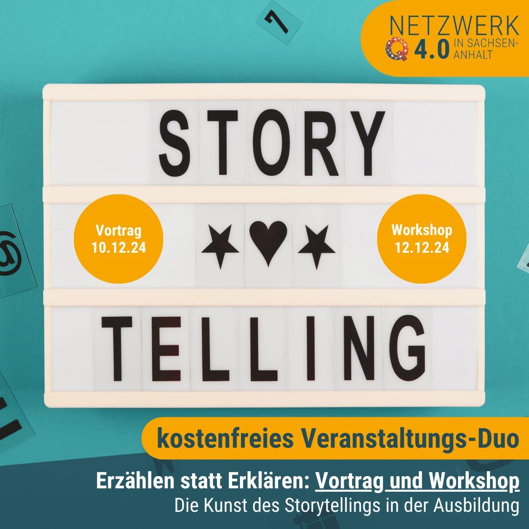 📢 Veranstaltungs-Duo: Vortrag und Workshop “Erzählen statt Erklären”

Meldet euch noch heute für unser Veranstaltungs-Duo an und entdeckt die Kunst des Storytellings in der Ausbildung.

📅 Anmeldung Vortrag: kurzlinks.de/h8gg
📅 Anmeldung Workshop: kurzlinks.de/709t