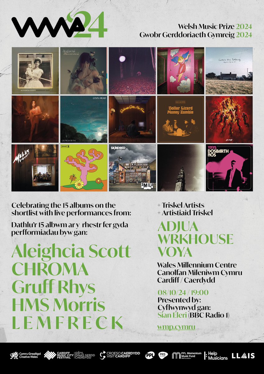 Welsh Music Prize (@welshmusicprize) on Twitter photo ICYMI - here are the artists who’ll be performing live at #WMP24 👇
<a href="/AleighciaSings/">Aleighcia Scott</a> | <a href="/CHROMAbanduk/">CHROMA</a> | <a href="/gruffingtonpost/">Gruff Rhys</a> | @HMSMorris | <a href="/LemFreck/">MICHAEL SHEEN’S BURNER ACC</a> | <a href="/ADJUASINGS/">ADJUA</a> | @wrkhouseee | <a href="/voyamusic/">VOYA</a>
🗓️ 08.10.24
📍 <a href="/theCentre/">Wales Millennium Centre</a> | <a href="/YGanolfan/">Canolfan Mileniwm Cymru</a>
🎟️ wmc.org.uk/en/llais/2024/… ICYMI - here are the artists who’ll be performing live at #WMP24 👇
<a href="/AleighciaSings/">Aleighcia Scott</a> | <a href="/CHROMAbanduk/">CHROMA</a> | <a href="/gruffingtonpost/">Gruff Rhys</a> | @HMSMorris | <a href="/LemFreck/">MICHAEL SHEEN’S BURNER ACC</a> | <a href="/ADJUASINGS/">ADJUA</a> | @wrkhouseee | <a href="/voyamusic/">VOYA</a>
🗓️ 08.10.24
📍 <a href="/theCentre/">Wales Millennium Centre</a> | <a href="/YGanolfan/">Canolfan Mileniwm Cymru</a>
🎟️ wmc.org.uk/en/llais/2024/…