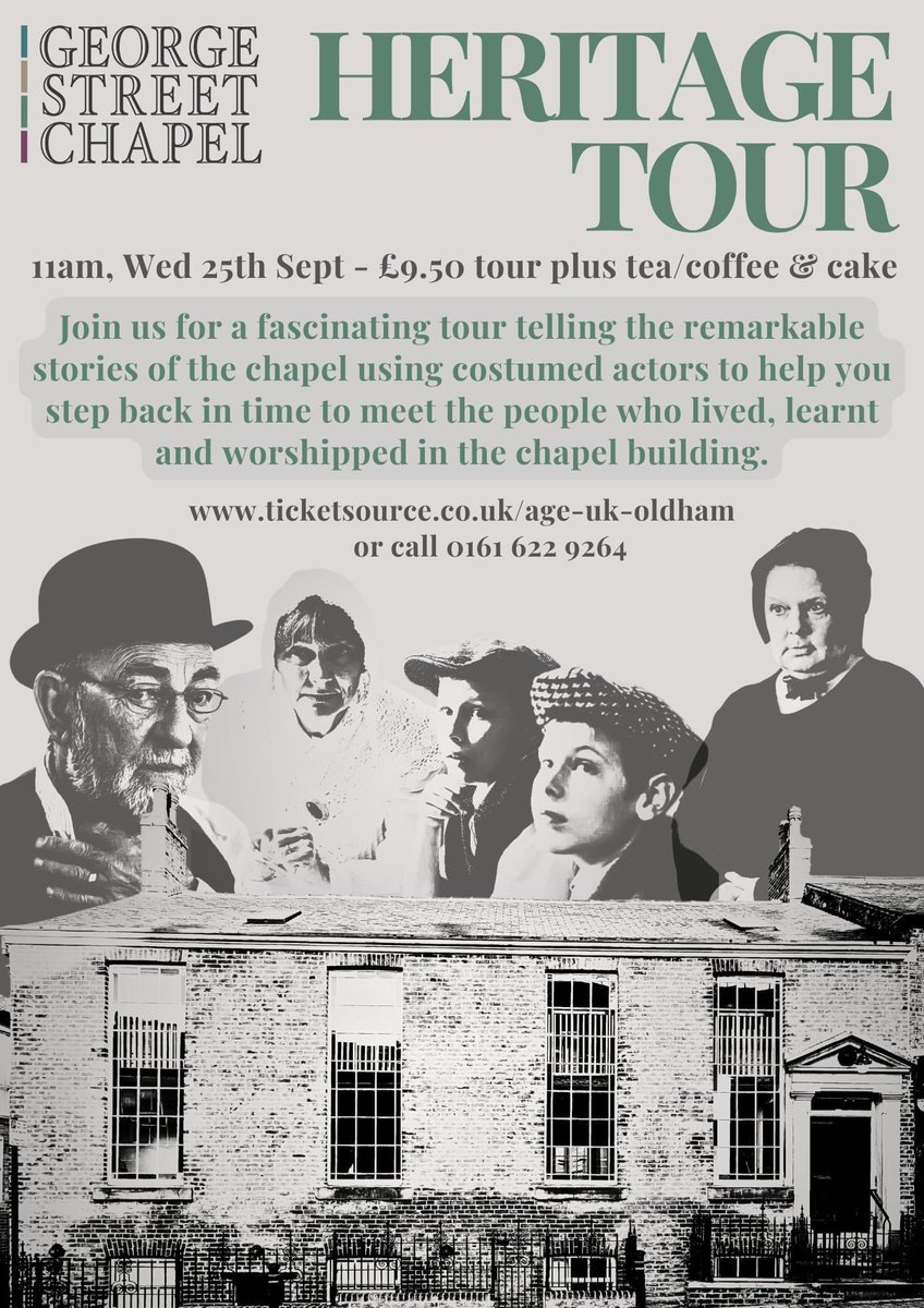 Come along to our heritage tour which is as entertaining as it is informative. 

Costumes actors play characters from Oldham’s past to make our local history come to life!

There is nothing else like this available in our area ticketsource.co.uk/age-uk-oldham