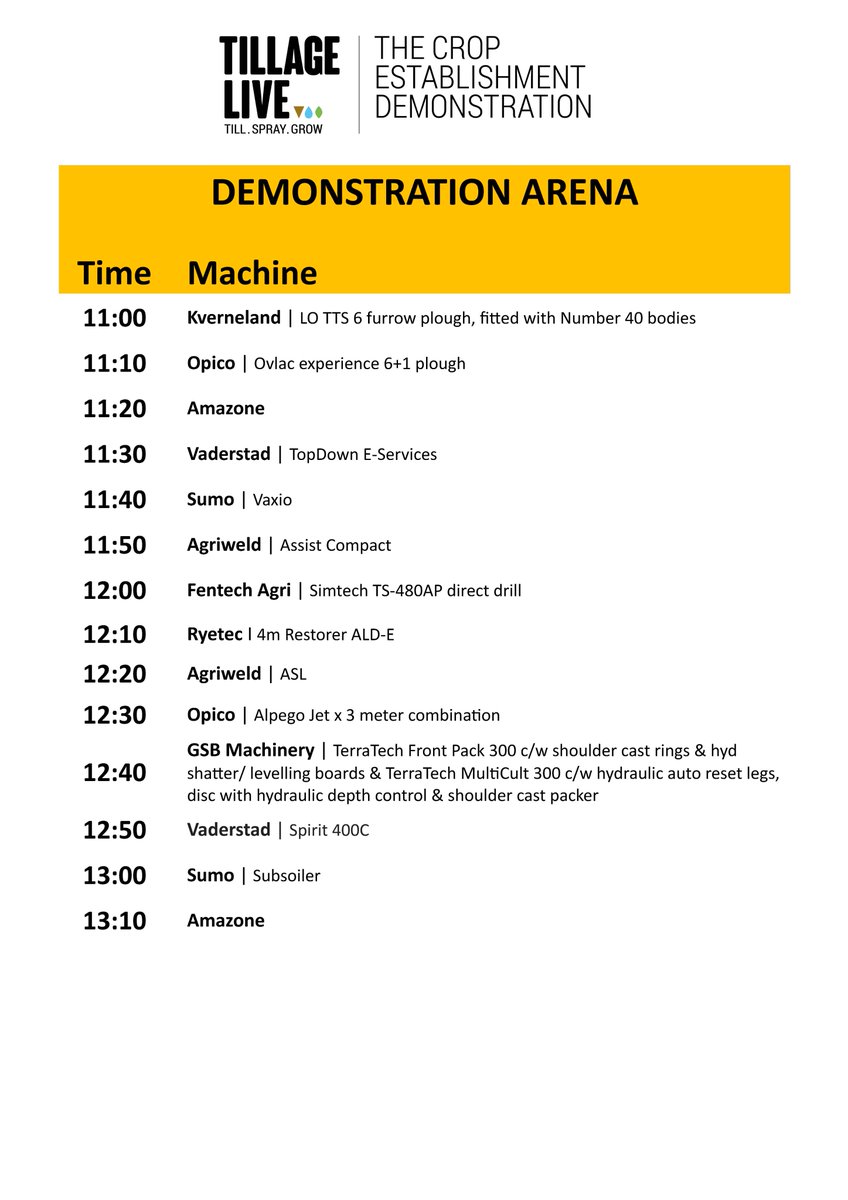 Heading our way this Wednesday? 
Here's a peak at the demo arena timings! Don't forget, live demos will be happening all day on individual company plots too! 

tillage-live.com #TillSprayGrow #TillageLive24