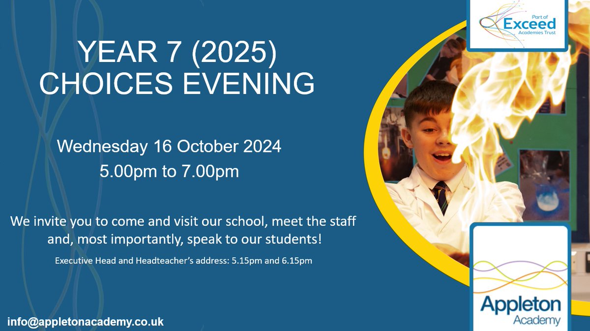 AppletonAcademy (@appletonacademy) on Twitter photo If you have a child starting Year 7 in Sept 2025, we are delighted to invite you to an open evening to learn more about Appleton Academy and <a href="/exceedacademies/">Exceed Academies Trust</a>: If you have a child starting Year 7 in Sept 2025, we are delighted to invite you to an open evening to learn more about Appleton Academy and <a href="/exceedacademies/">Exceed Academies Trust</a>: