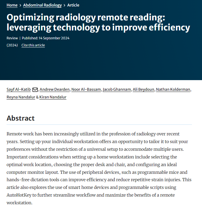 Wondering how to optimize remote radiology efficiency? We have some helpful pointers. Check out our newest publication in <a href="/Abdominal_Rad/">Abdominal Radiology</a> 
<a href="/SocietyAbdRad/">Society of Abdominal Radiology | SAR</a> <a href="/CorewellHealth/">Corewell Health</a> @OUWB #medtwitter #radiology
link.springer.com/article/10.100…
