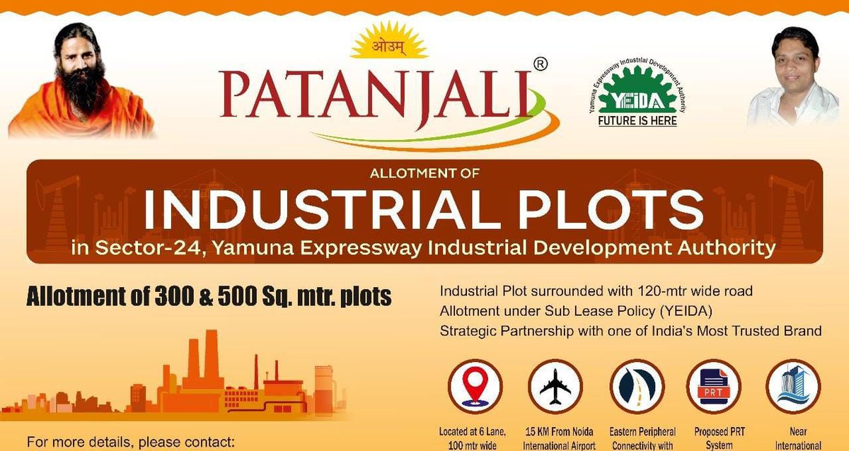 ShwetankGhosh's tweet image. Patanjali Industrial Park 
Adjoing Jaypee F1 Sports City &amp;amp; VIVO Mobile 
Size 300M , 500M , 1000M 
Price 39,900/- 
10% Booking Amount 
30% in 1Month 
Balance Payment in 60Days 
Possession in 6Months 
Registry in 3Months 

GNG GROUPE 
Shwetank Ghosh 
9990196660 #industrialplot