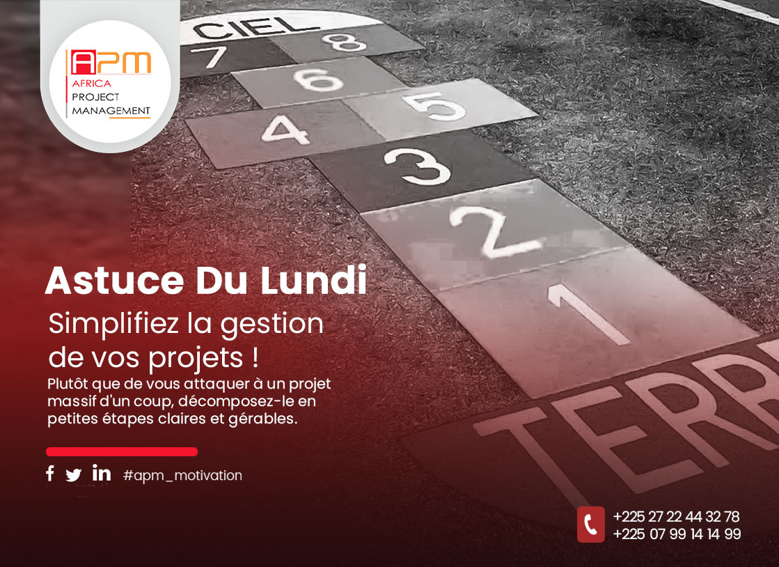 APM_CI's tweet image. #𝐀𝐬𝐭𝐮𝐜𝐞𝐃𝐮𝐋𝐮𝐧𝐝𝐢 : 𝐒𝐢𝐦𝐩𝐥𝐢𝐟𝐢𝐞𝐳 𝐥𝐚 𝐠𝐞𝐬𝐭𝐢𝐨𝐧 𝐝𝐞 𝐯𝐨𝐬 𝐩𝐫𝐨𝐣𝐞𝐭𝐬 !
Décomposez votre projet en petites étapes claires et gérables. Cela vous permet : Visualiser les étapes, Suivre vos progrès et Minimiser les risques de surcharge.
#GestionDeProjets