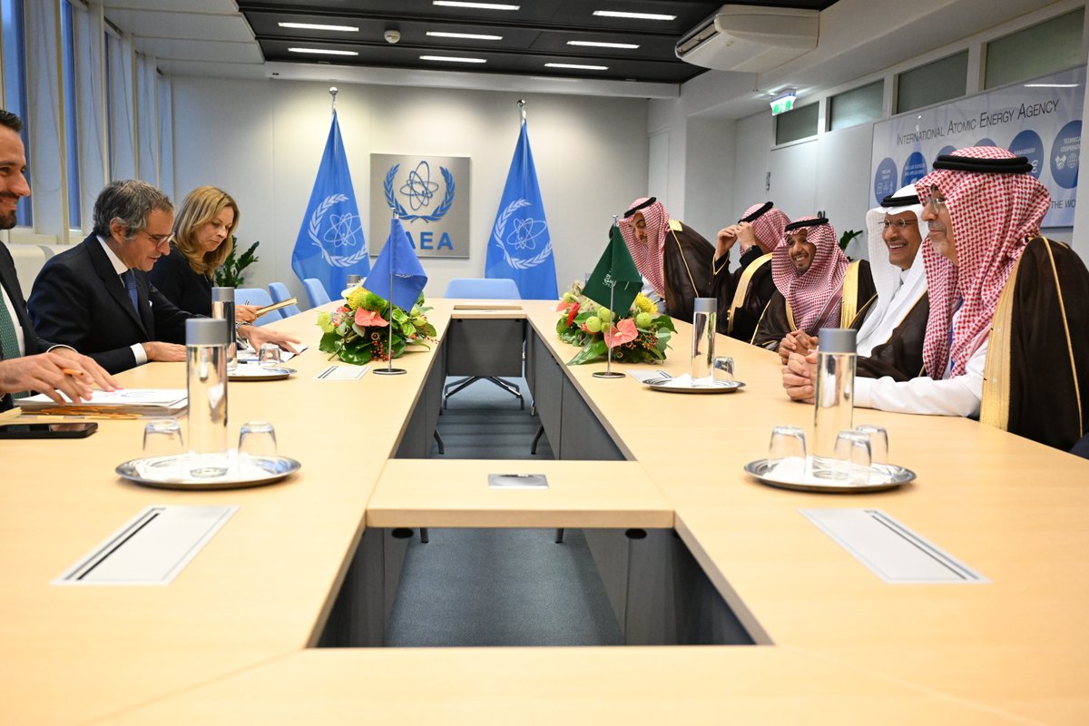 rafaelmgrossi's tweet photo. Saudi Arabia’s decision to rescind its Small Quantities Protocol increases @IAEAorg’s ability to verify the peaceful use of nuclear material in the country. At #IAEAGC, met @MoEnergy_Saudi Prince Abdulaziz bin Salman Al-Saud and commended 🇸🇦 for this step. https://t.co/hW6Gevf64B