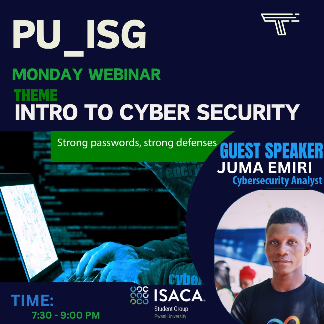 IsacaPwani's tweet photo. PU_ISG invites you to Monday Evening Webinar. Join us as we are introduced to Cyber Security as a career path. 

It's juicy, it's hot, it's Cyber security.

 Today, 16th September 2024!! 

Here's the link:
https://t.co/Zale6H6ZNe https://t.co/lMfg2VTswV