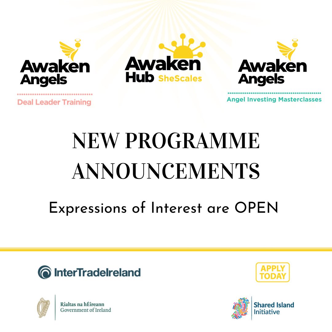 AwakenHub (@awakenhub) on Twitter photo Awakenhub and AwakenAngels are excited to announce the launch of three new exciting programmes for women founders and investors on the island of Ireland ⭐️
More details to come … (EOI linked below)
<a href="/Inter_Trade/">InterTradeIreland</a> Awakenhub and AwakenAngels are excited to announce the launch of three new exciting programmes for women founders and investors on the island of Ireland ⭐️
More details to come … (EOI linked below)
<a href="/Inter_Trade/">InterTradeIreland</a>