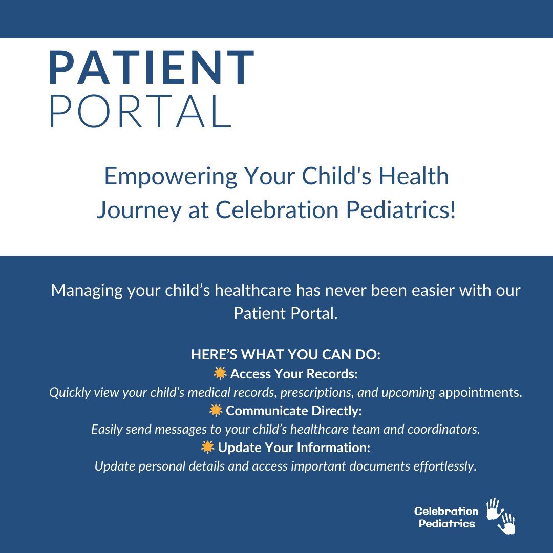 CelebrationPeds's tweet image. Sign Up for Our Patient Portal Today! -Getting started is quick and easy! All we need is your email address. Just ask our team during your next visit, and we'll sign you up on the spot. 

#PatientPortal #EasySignUp #YourHealthMatters #CelebrationPediatrics