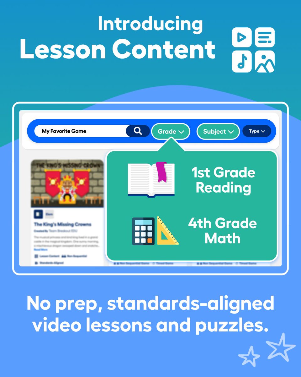 breakoutEDU's tweet photo. Have you heard about the exciting new Breakout EDU platform updates? 💻 🎉

🌟 Lesson Content Games for 1st Grade Reading and 4th Grade Math
🌟 New Content Type options for user-created games
🌟 Enhanced @adobeexpress x Breakout EDU Game Design Studio integration https://t.co/yMSk3WoM7A