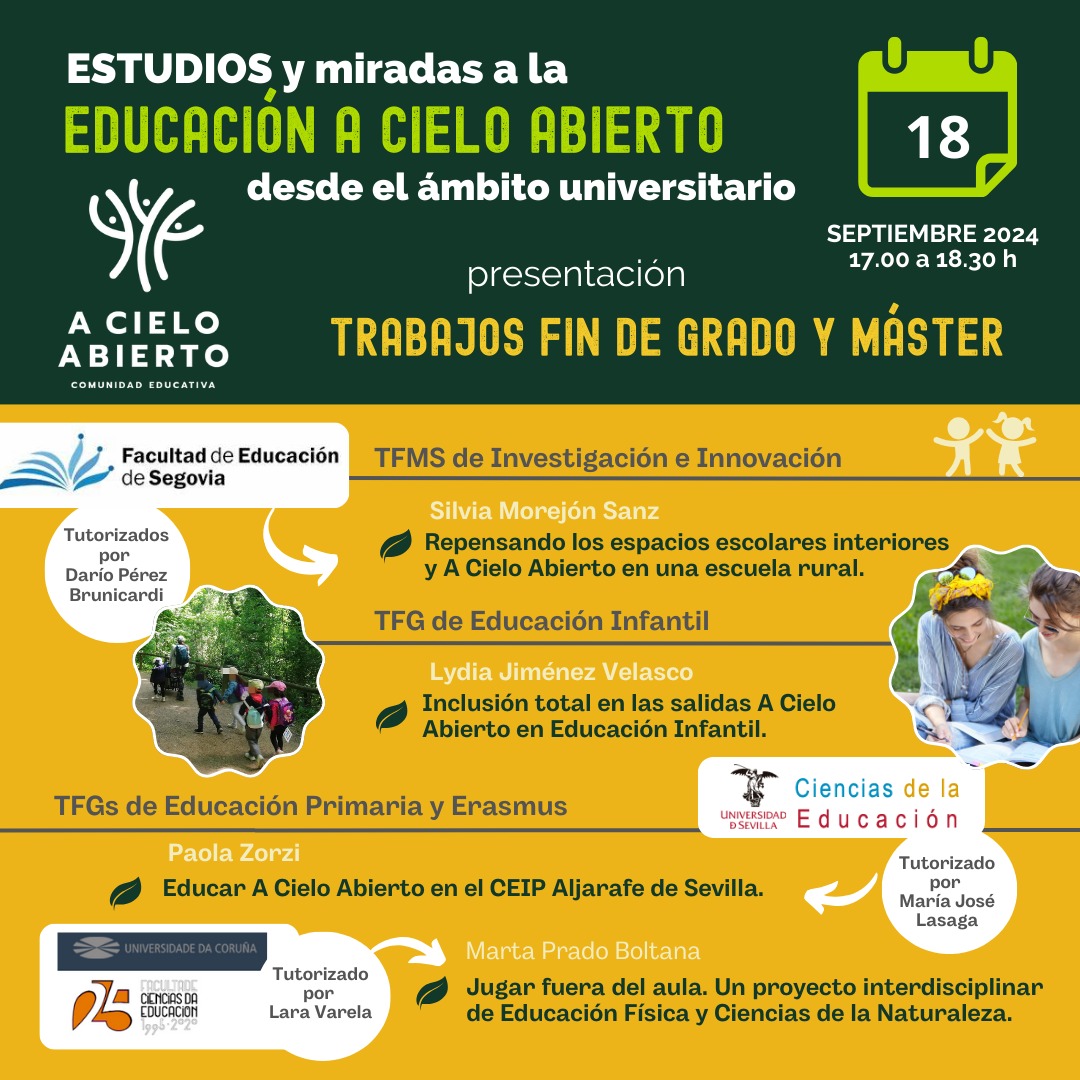 ¡Participa! Te acercamos la universidad y, su labor de investigación y formación de futuros docentes, en el impulso de la #EducaciónACieloAbierto.

La inclusión, el juego y la adecuación de los espacios centran los TFGs y TFMs que se presentan. + Info en link del perfil.