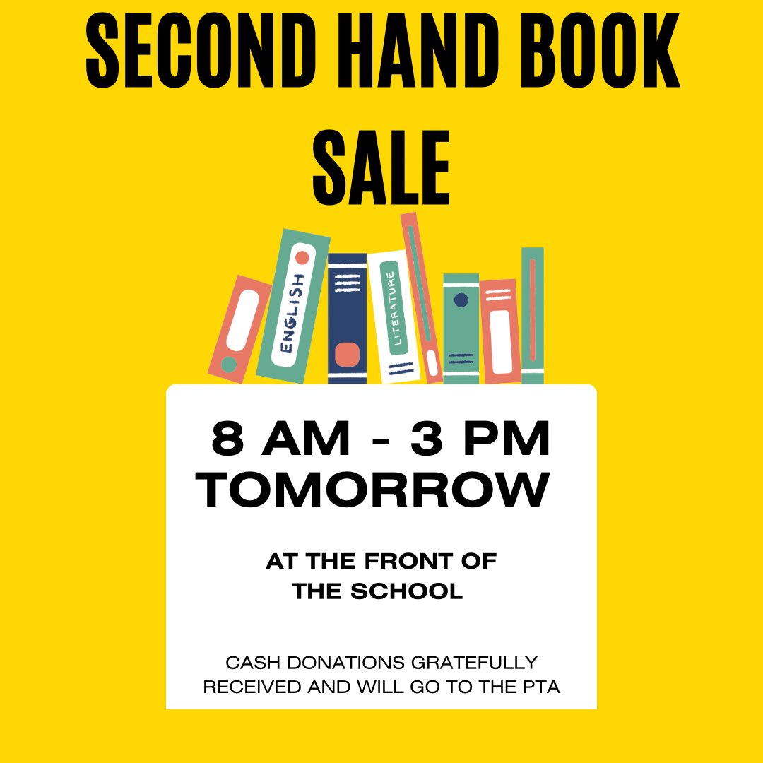 WPrimary's tweet photo. 📚 Second-Hand Book Sale Tomorrow! 📚

We’re excited to announce that there will be a second-hand book sale tomorrow at the front of the school! Cash donations only. 
Tomorrow, 8 AM - 3 PM  
Come along, grab a bargain, and support our school! 🌟
#BookSale #PTA  #wanborough https://t.co/IXI25Rlw7M