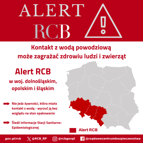 RCB_RP's tweet photo. "Uwaga! Kontakt z wodą powodziową może zagrażać zdrowiu ludzi i zwierząt. Nie jedz żywności, która miała kontakt z wodą - wyrzuć ją bez względu na stan opakowania."

Alert RCB o tej treści został wysłany do odbiorców na terenie województwa:

➡️dolnośląskiego,
➡️opolskiego,
➡️śląskiego.

Pamiętaj!

🟥Unikaj kontaktu z wodą powodziową. Noś wodoodporne ubrania i gumowce, aby zminimalizować ryzyko kontaktu skóry z zanieczyszczeniami.
🟥Po każdym kontakcie z wodą powodziową lub jej zanieczyszczonymi przedmiotami, dokładnie myj ręce wodą z mydłem przez co najmniej 30 sekund.
🟥Używaj tylko przefiltrowanej lub butelkowanej wody do picia i przygotowywania posiłków. Woda powodziowa może zawierać niebezpieczne patogeny i chemikalia. Komunikaty dot. przydatności wody do spożycia śledź na stronach Stacji Sanitarno-Epidemiologicznych.
🟥Jeśli woda powodziowa dostała się do domu, dokładnie dezynfekuj wszystkie powierzchnie, z którymi miała kontakt.
🟥Jeśli zwierzęta miały kontakt z wodą powodziową, skonsultuj się z weterynarzem. Może być konieczne ich badanie oraz podanie odpowiednich leków profilaktycznych.
🟥Zwracaj uwagę na wszelkie objawy chorobowe, takie jak bóle brzucha, nudności, wymioty, gorączka czy biegunka. Jeśli wystąpią, niezwłocznie skonsultuj się z lekarzem.