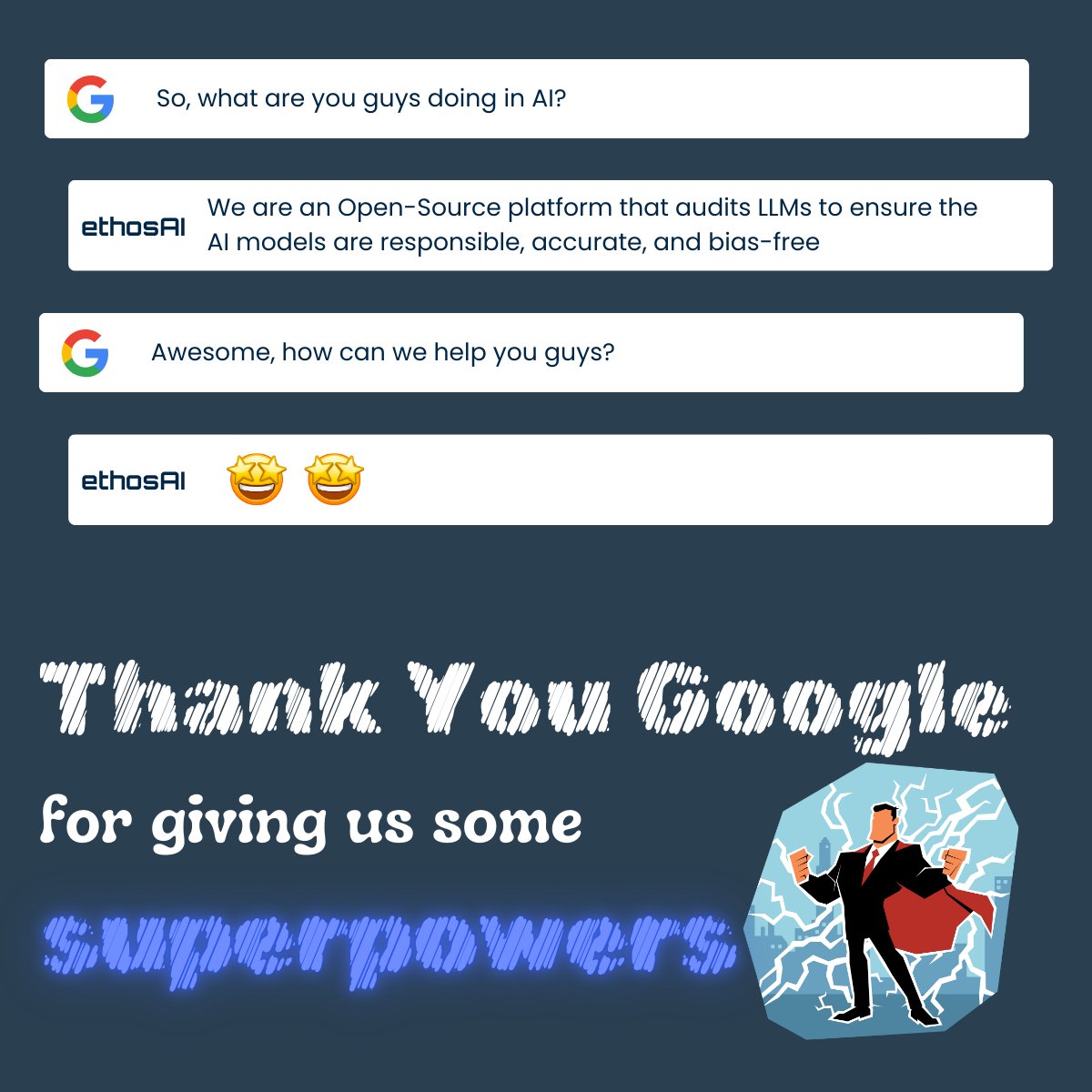 EthosAIOne's tweet photo. This just in . We feel @Google loves us.
Thanks @Google for blessing us with some superpowers!
We will use them wisely 🙏
#responsibleai #googleai #googlegemini #vertexai #ethosai https://t.co/n0WEh0hbMy