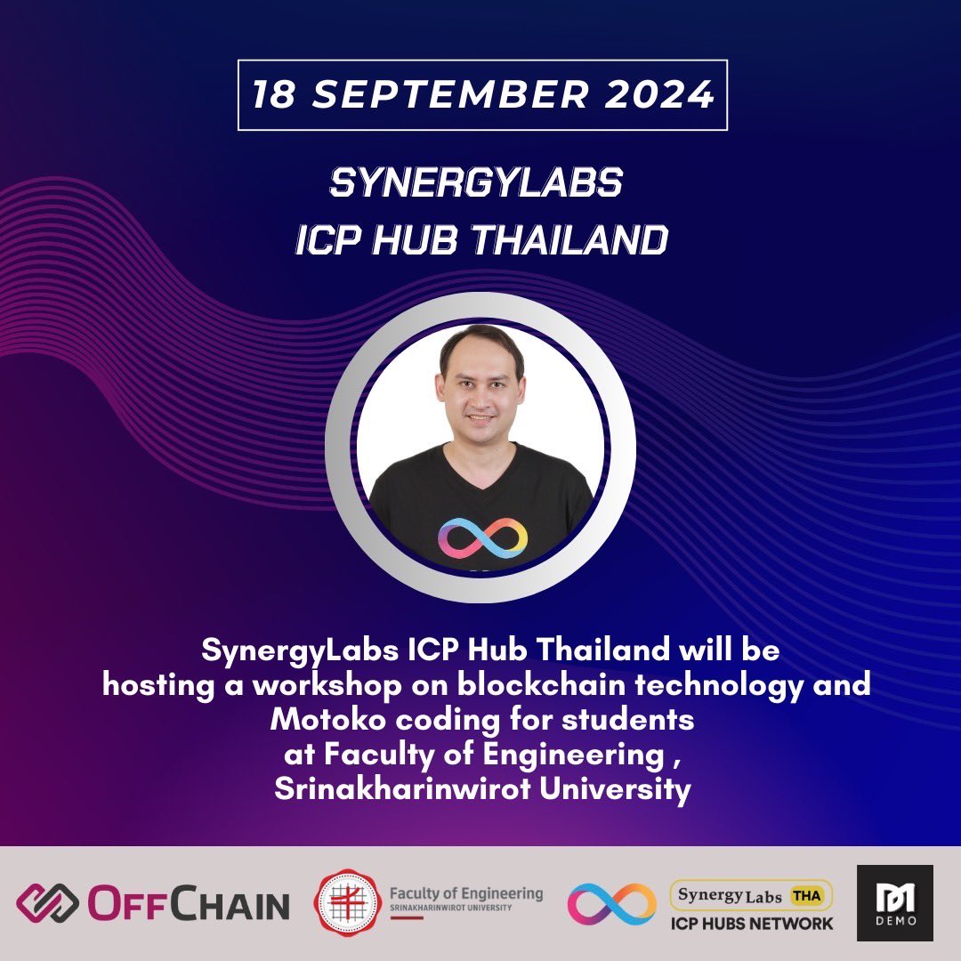 shaman_shark's tweet photo. 17 Sep Workshop at DPU 
18 Sep Workshop at SWU 
20 Sep Workshop at PIM 
24 Sep ABI event 

3 Universities Workshop this week enlightening new gen with ICP Blockchain technology.

Come join us at ABI Event and learn more about #ICP Blockchain. Decentralize Ai. 

@icphub_TH https://t.co/znVLDG62ED