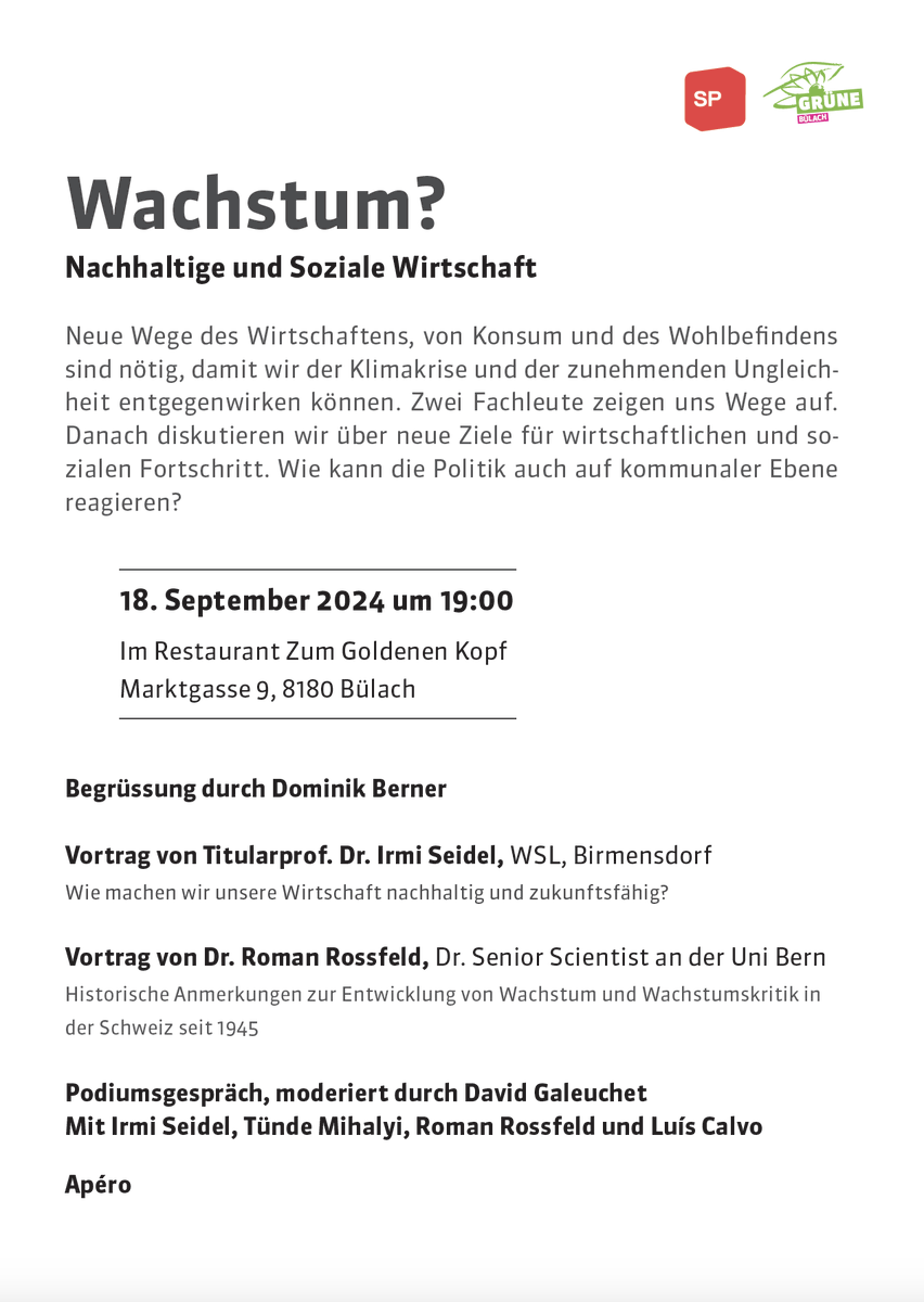 Grüne Bülach:   
Hotel Restaurant Zum goldenen Kopf. · Bülach, Kanton Zürich   
· Neue Wege des Wirtschaftens, von Konsum und des Wohlbefindens sind nötig, damit wir der Klimakrise und der zunehmenden Ungleichheit entgegenwirken können.  
Zwei Fachleute zeigen uns Wege auf.