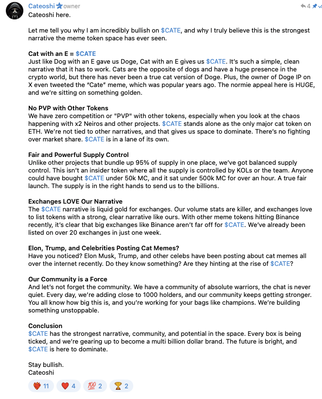 Cateoshi our Dev has been bullposting $CATE recently. His thesis below.