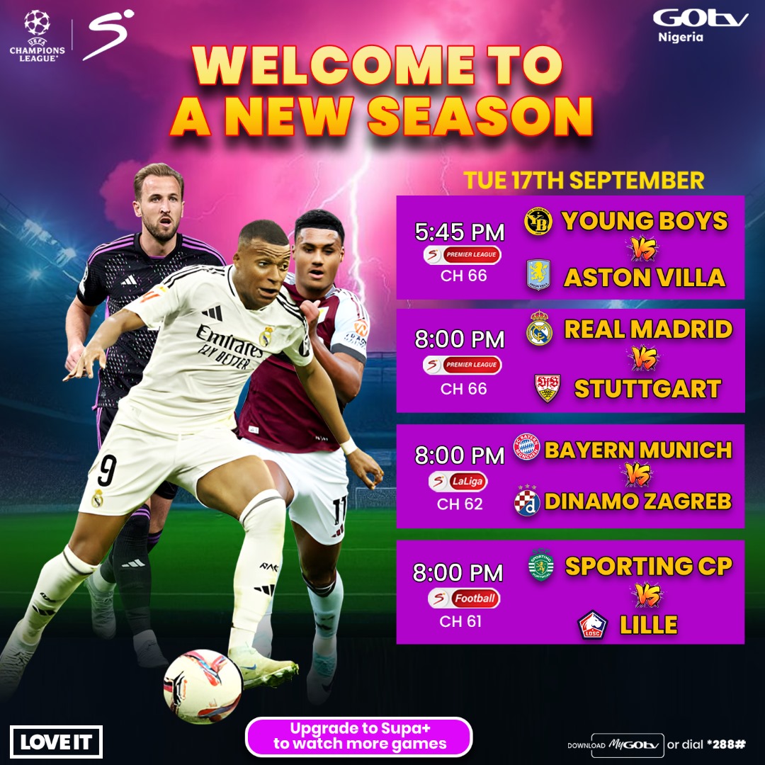 The Big Boys are Back!

Watch every scintillating action of the new format UEFA Champions League on GOtv SS Football CH. 61, SS LaLiga CH. 62 and SS Premier League CH. 66.

Upgrade to SUPA+ to watch more games, download the MyGOtv app, or dial *288#

LOVE IT

#GOtvFootballPaddi