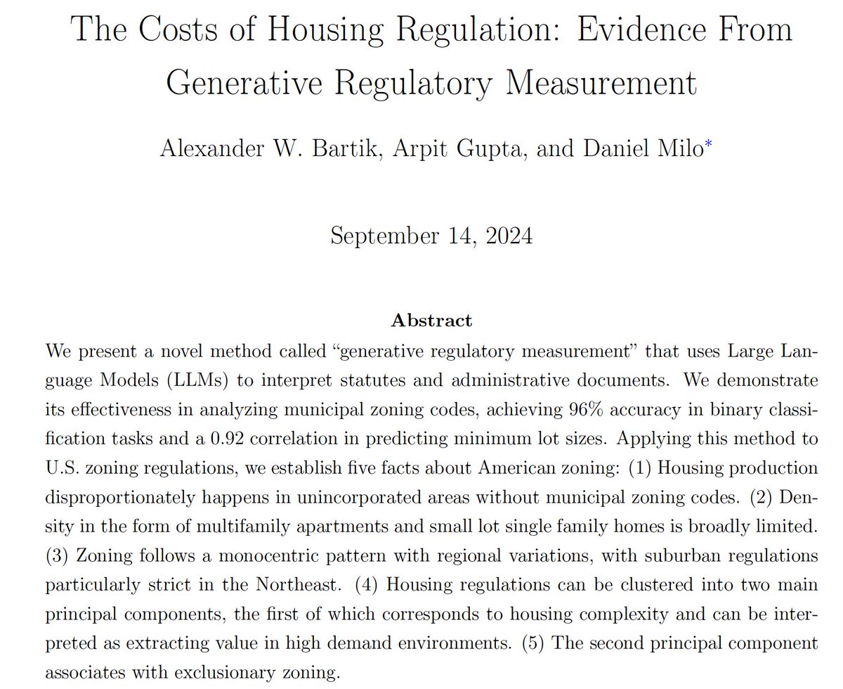 Arpit Gupta (@arpitrage) on Twitter photo 🚨 New publicly available dataset on housing regulations across US municipalities
With <a href="/AlexBartik/">AlexBartik</a> and <a href="/DMilo75/">Daniel Milo</a>, we highlight a novel AI-based method for accurate categorization of regulations in unstructured text, which we use to establish 5 facts about housing regulation: 🚨 New publicly available dataset on housing regulations across US municipalities
With <a href="/AlexBartik/">AlexBartik</a> and <a href="/DMilo75/">Daniel Milo</a>, we highlight a novel AI-based method for accurate categorization of regulations in unstructured text, which we use to establish 5 facts about housing regulation: