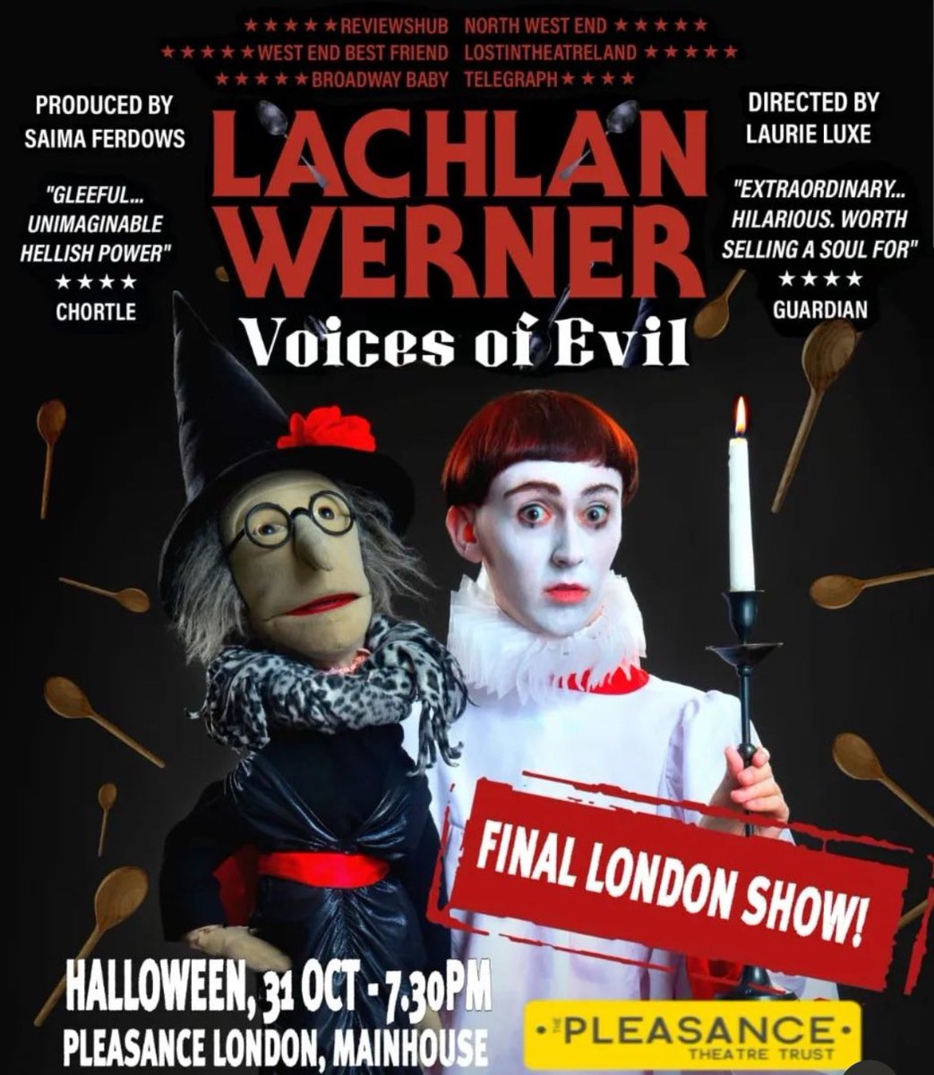 Pleasance Comedy (@pleasancecomedy) on Twitter photo From the Cellar in Edinburgh to the Main House in London, we’re excited to welcome back Lachlan <a href="/LachyWerner/">Lachy Werner 🥄</a> with Voices of Evil, for a final special Halloween 👻 show.
Oct 31st 🎃
pleasance.co.uk/event/lachlan-… From the Cellar in Edinburgh to the Main House in London, we’re excited to welcome back Lachlan <a href="/LachyWerner/">Lachy Werner 🥄</a> with Voices of Evil, for a final special Halloween 👻 show.
Oct 31st 🎃
pleasance.co.uk/event/lachlan-…