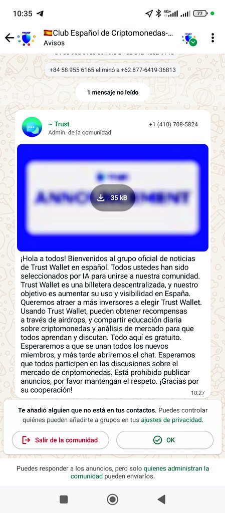 David Sierra (@davizsierra) on Twitter photo Ayer me incluyeron en este grupo de WhatsApp. Mal rollo, ¿verdad? Tendremos que dar con alguien que explique de qué va esto de la inversión en criptomonedas mediante Trust Wallet. ¿Algún experto se anima para que se lo preguntemos y que nos lo cuente en <a href="/CruceCablesRNE/">Cruce de Cables</a>? 🙏🏼😇 Ayer me incluyeron en este grupo de WhatsApp. Mal rollo, ¿verdad? Tendremos que dar con alguien que explique de qué va esto de la inversión en criptomonedas mediante Trust Wallet. ¿Algún experto se anima para que se lo preguntemos y que nos lo cuente en <a href="/CruceCablesRNE/">Cruce de Cables</a>? 🙏🏼😇