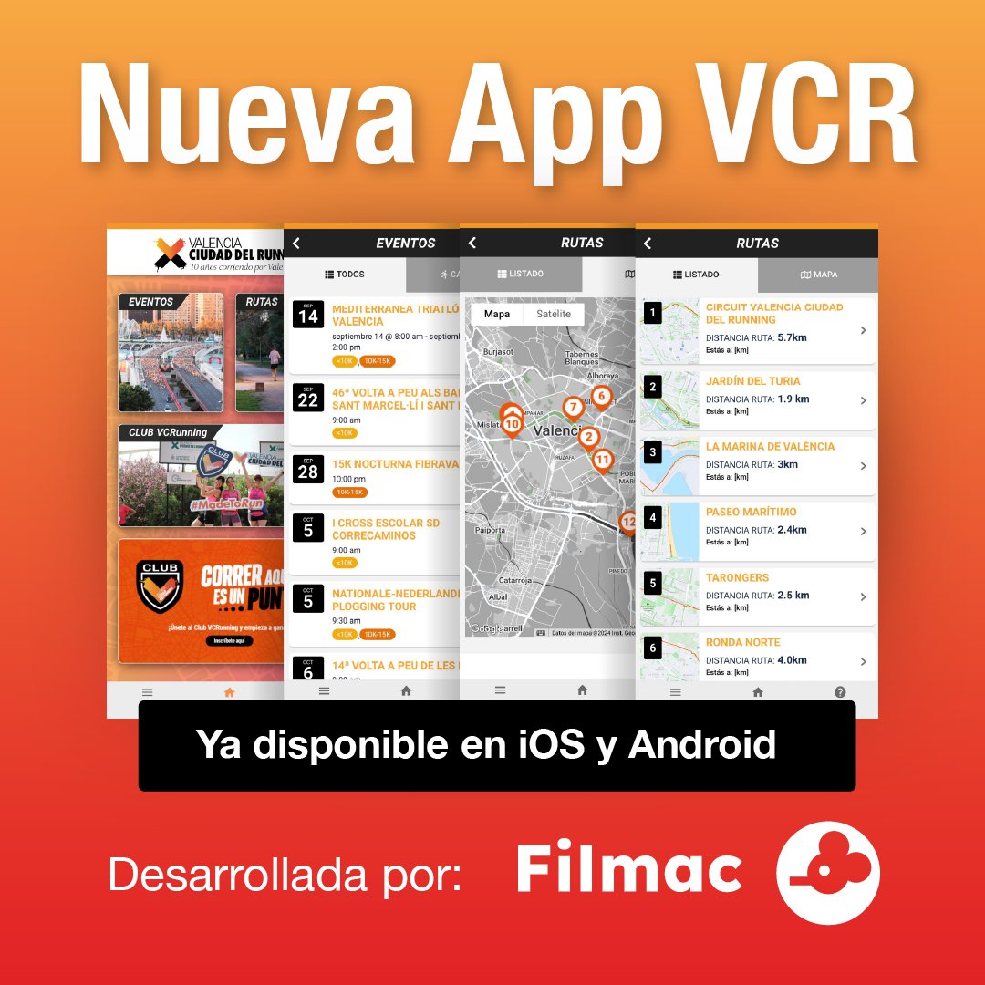 FilmacCentre's tweet image. Estamos muy contentos de anunciar que la app de
@VCRunning una creación de Filmac. Se han incorporado nuevas secciones como las rutas para correr por la ciudad. Descarga la app y empieza a moverte con nosotros. 
Android: bit.ly/4epRKmF
iOS: bit.ly/3B1EvtP