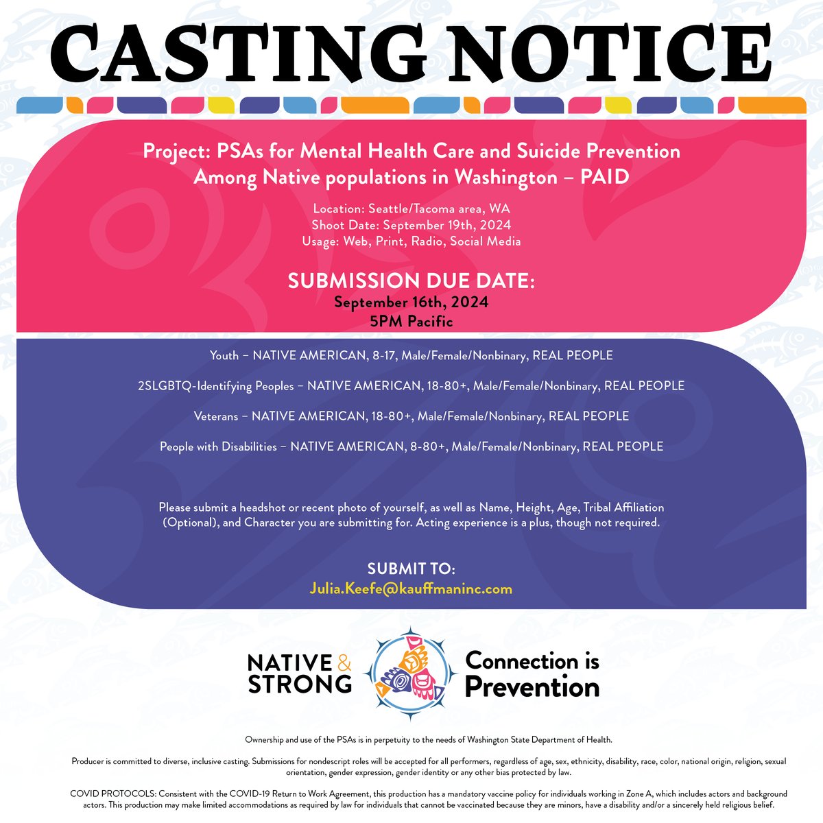 kauffmaninc's tweet image. CASTING NOTICE! PAID ACTING GIG!

Seattle/Tacoma Area. Shooting 9/19/24

We are searching for American Indian/Alaska Native peoples comfortable in front of the camera for a series of PSAs. Please like, share, and contact us right away! #AIAN #castingnotice #seattle #seattleac ...