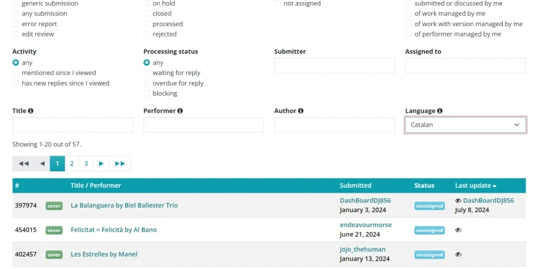 SHSongs's tweet photo. ⭐Search Submissions by Language ⭐
A new filter was added in order to search for unprocessed submissions in a particular language.
Example for Catalan : https://t.co/jKpuzCxKaT https://t.co/cnnHdRLLpX